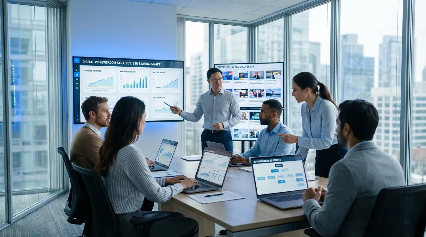 Profissionais discutindo estratégia de comunicação antes de contratar uma assessoria de imprensa.